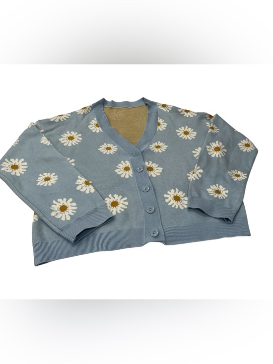 Sweaters - Daisy-Print Light Blue V-Neck Cardigan Sweater